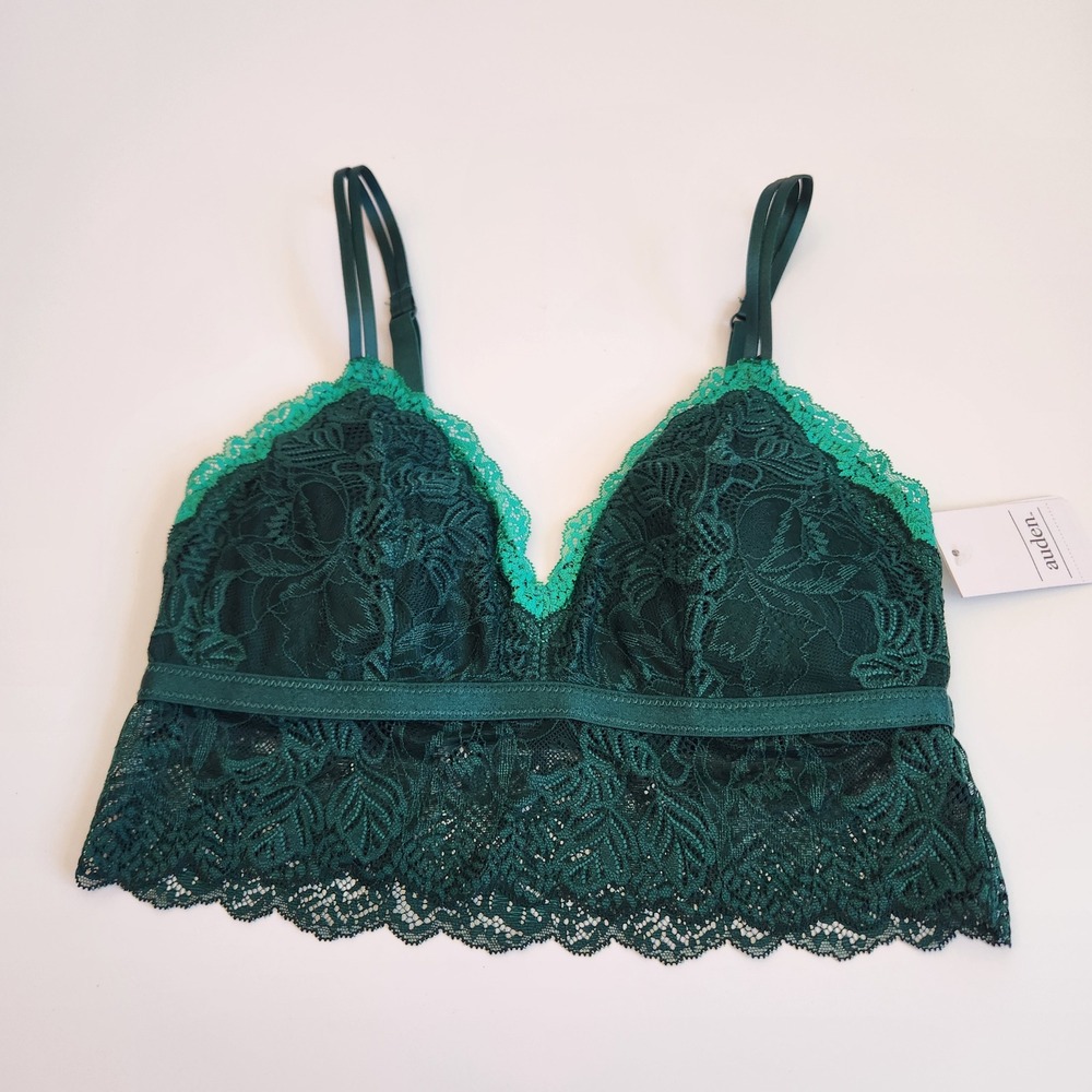 Auden Dark Green Lace Long Line Bralette Lightly Lined Adjustable Straps Medium